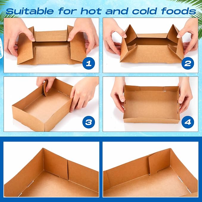 Thenshop 200 Pcs Kraft Food Tray Set with Wrapping Paper,Blue and White - Image 4