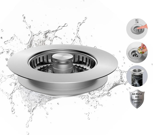 Hibbent All Metal Stainless Steel 3 in 1 Kitchen Sink Drain Strainer, Upgraded Anti-Rust Sink Stop Combo, Anti-Clogging Stainless Steel Basket Strainer with Metal Handle for US Standard 3-1/2" Drain