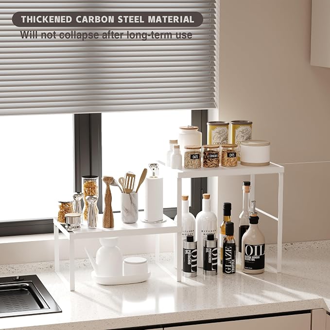 Kitchen Counter Oganizer Stackable Spice Rack for Countertop Kitchen Countertop Organizer Heavy Duty Kitchen Counter Shelf Metal Spicy Shelf for Countertop (2 Pack, White) - Image 7