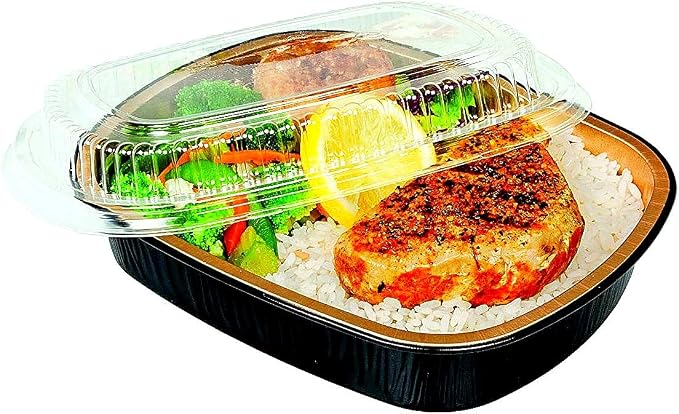 PACTOGO Medium 48 oz. Black & Gold Aluminum Foil Smooth-Wall Pan with Clear Dome Lid - For Meal Prep Microwaveable Disposable Heavy Duty (Pack of 10 Sets) by PACTOGO