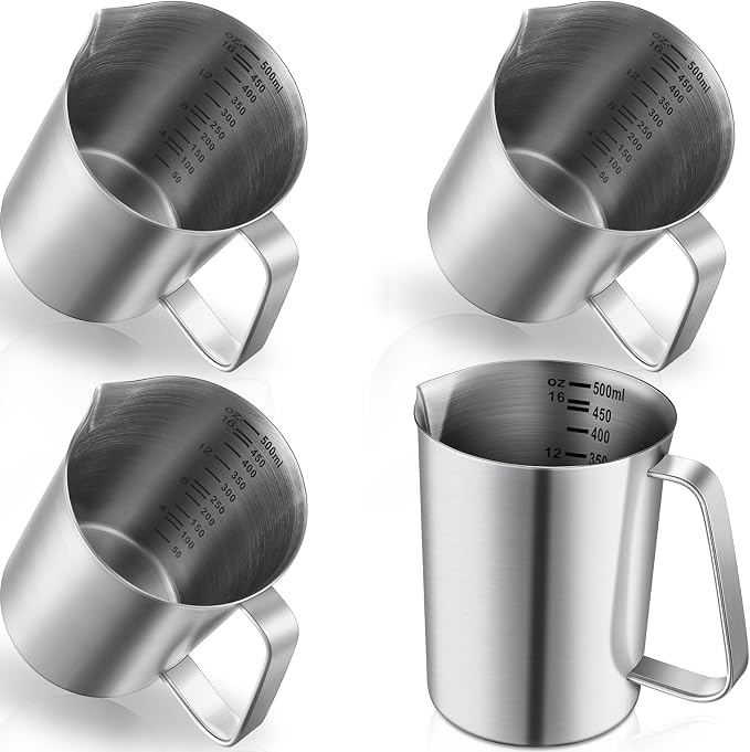 Copkim 4 Pcs Milk Frothing Pitcher with Handle 16 oz, 500 ml, 2 Cup 304 Stainless Steel Pitcher with Pour Lip Metal Liquid Measuring Cups Measuring Jug Milk Frothing Cups for Latte Art Water Pouring by Copkim