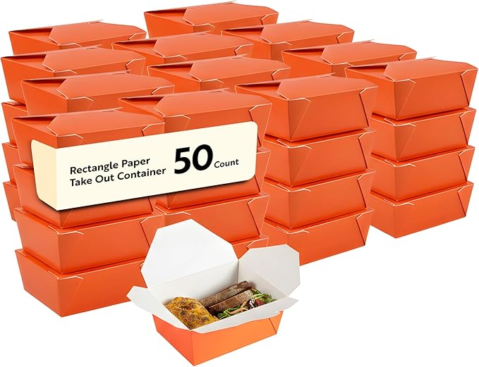 Restaurantware Bio Tek 45 Ounce Take Out Boxes 50 To Go Lunch Boxes - Tab-Lock Closure Heat-Tolerant Orange Paper Disposable Lunch Boxes Greaseproof For Hot And Cold Foods by Restaurantware