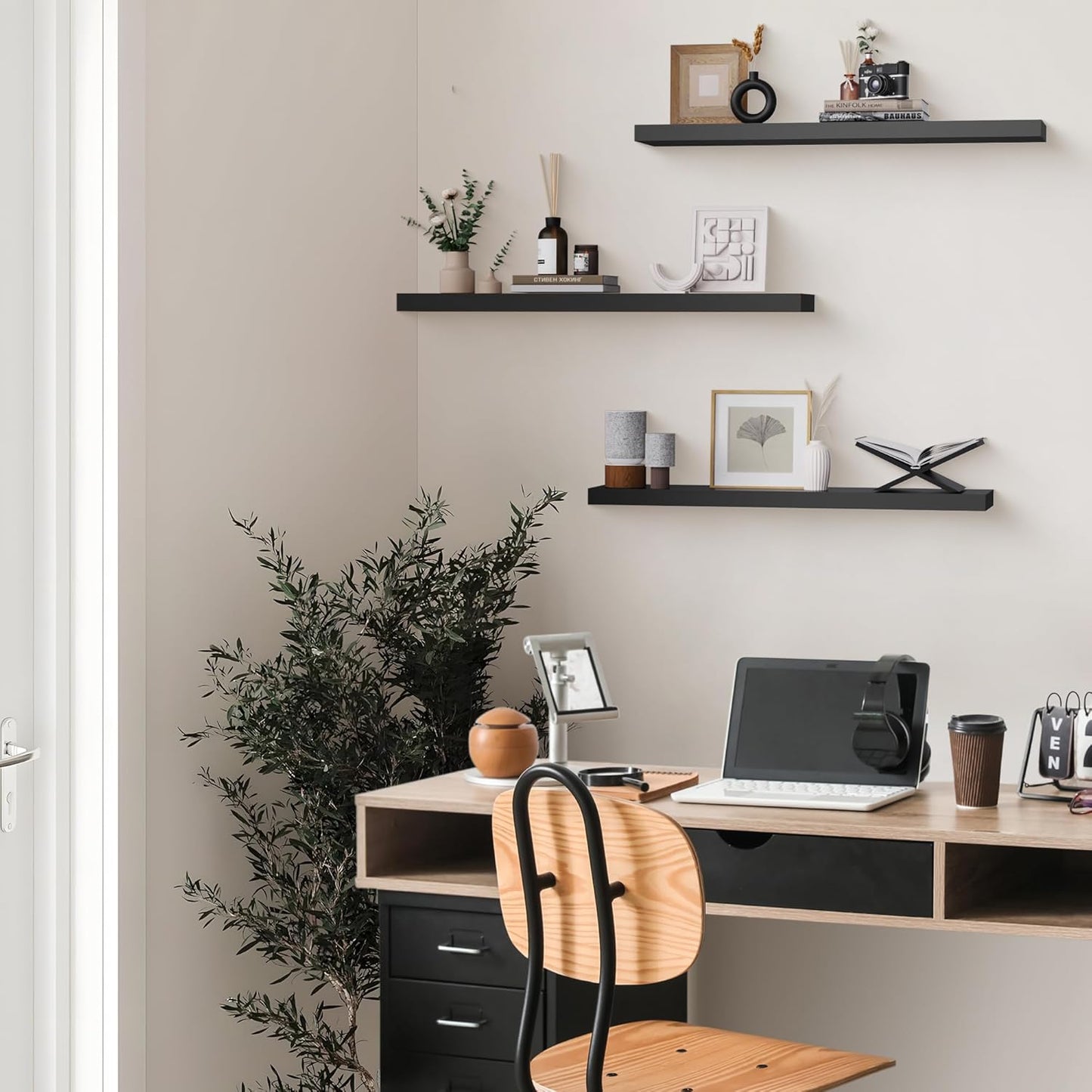 Colima Floating Shelves for Wall Black Wood Shelf for Bedroom, 36 Inch Wall Mounted Floating Shelves for Bathroom Living Room Kitchen Office, 1.3" Thick Floating Book Shelves for Wall, Set of 3