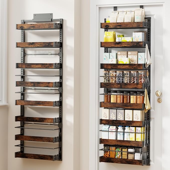 8 Tier Over The Door Pantry Organizer, 2 IN 1 Wall Mount or Metal Hanging Spice Rack for Pantry Organizers and Storage, Seasoning Shelves，Adjustable Basket with Hooks for Kitchen Cabinet and Closet by CUISIBOT