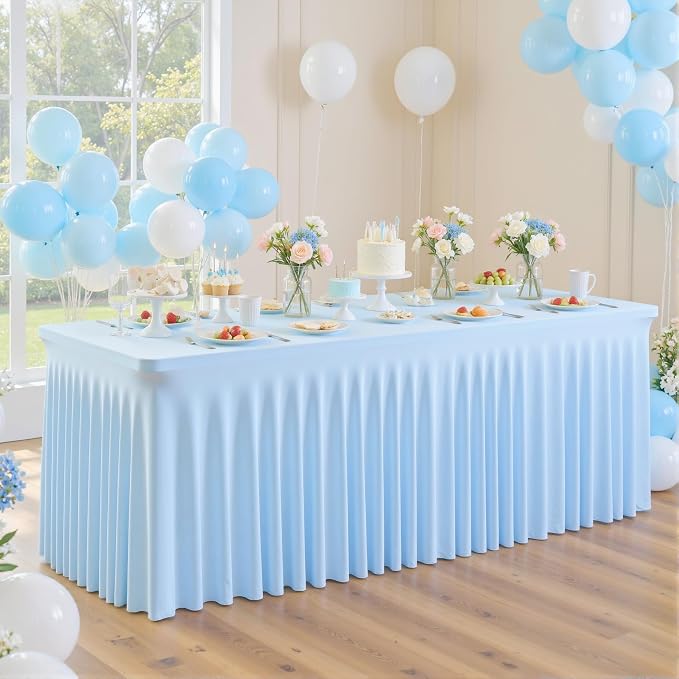 gogoparti 4 Pack Spandex Baby Blue Fitted Table Cloth for 8ft Rectangle Tables Light Blue Stretch Tablecloth Banquet Table Covers Wrinkle Free Tablecloths for Parties Wedding - Image 8