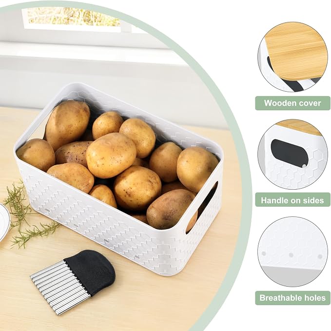 Kitchen Vegetable Storage Set of 3, Metal Onion Garlic Potato Storage Set, Kitchen Canisters Vegetable Keeper Containers with Aerating Holes and Bamboo Lid,Embossed White - Image 3