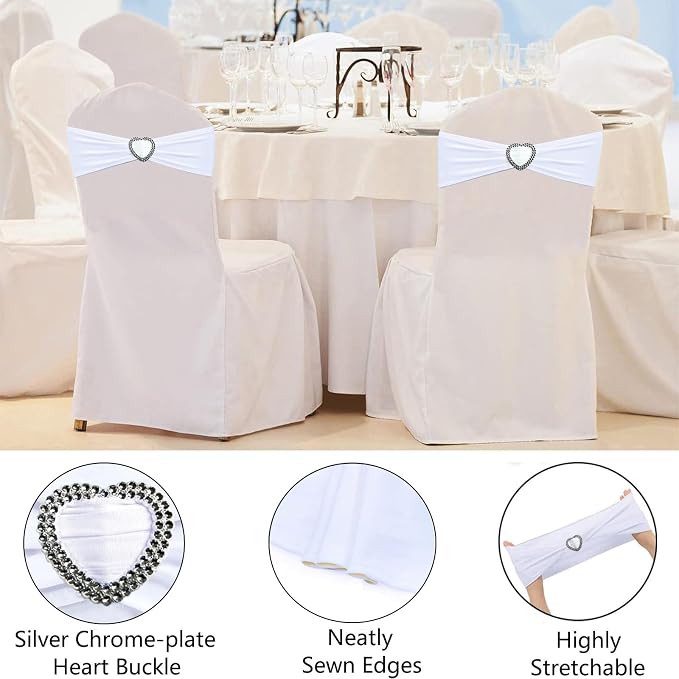 White Spandex Chair Sashes 50 Pack Spandex White Sashes for Chairs Covers Universal Stretch Chair Sashes Band with Heart Buckle Slider Sashes Bows for Wedding Banquet Party Decorations - Image 4