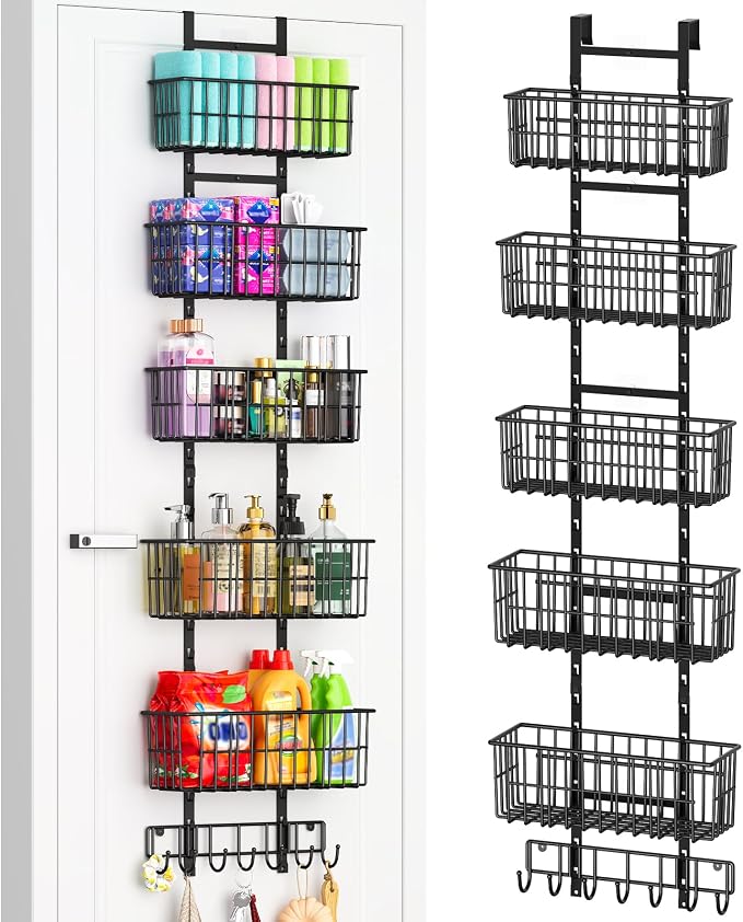 Hongtamoya Adjustable Over the Door Organizer, Metal Hanging Door Organizer with 5 Wire Basket 7 Hooks, Wall Mounted Shelf for Pantry Laundry Organization and Storage, Black by Hongtamoya