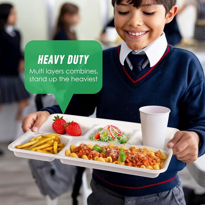 Gezond 100% Compostable 5 Compartment Plates Disposable 12.5 Inch 100 Pack | School Lunch Trays Heavy Duty Divided Eco-Friendly Biodegradable Sugarcane Plates for Party Buffet Lunch Dinner - Image 6