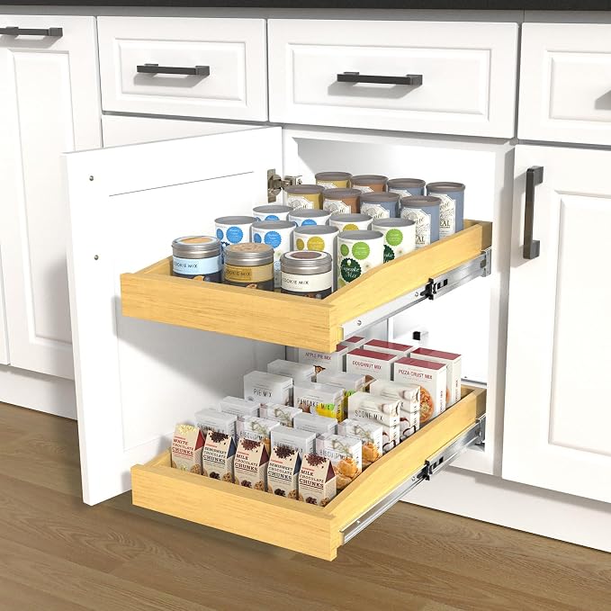 2 Tier Pull Out Cabinet Organizer, 14"W x 21"D Solid Wood Heavy-Duty Base Bottom Assembly Slide out Drawer Shel Cabinet Organization for Kitchen, Pantry, Bathroom - Image 9
