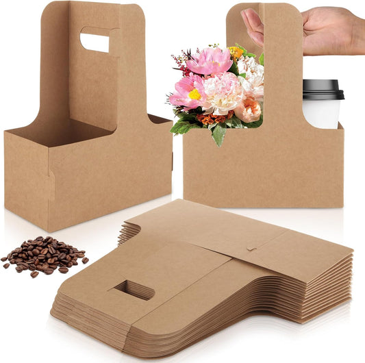 50PCS 2 Cup Drink Carrier with Handle (2 or 4 Cup), Assemblable Drink Holder for Hot or Cold Drinks, Paperboard Coffee Cup Holder for All Your Drink and Food Delivery,Coffee Carrier