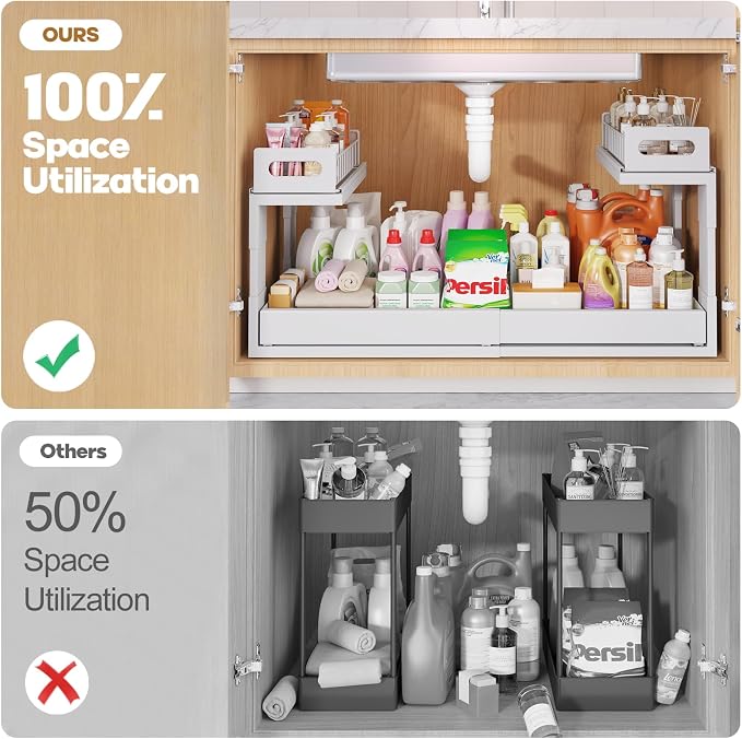 1 Pack-19"-32"W Expandable Under Sink Organizer With Upgrade Ball-Bearing Slide,2-Tier Pull Out Under Cabinet Organizer Height Adjustable,Not Suitable For Cabinets With Partitions In The Middle - Image 4