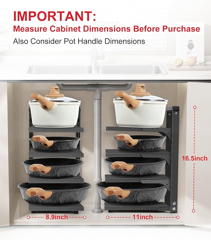 Pots and Pans Organizer under Cabinet, Heavy Duty Pan Organizers for Cabinet & Counter, 4 Tier Adjustable Pan & Pot Rack for Kitchen Cabinet Organizers and Storage - Image 3