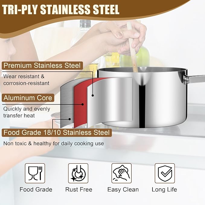 E-far 3 Quart Sauce Pan with Lid, Stainless Steel Tri-Ply Clad Cooking Pot - Image 4