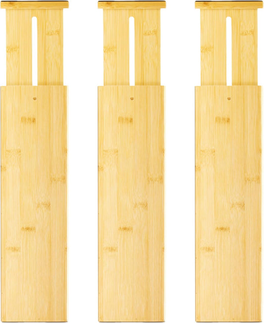 VaeFae 3 Pack Bamboo Drawer Dividers, 4" High Adjustable 16.6" - 21.8" Clothes Drawer Organizers, Expandable Separators for Bedroom/Bathroom/Kitchen/Office Storage