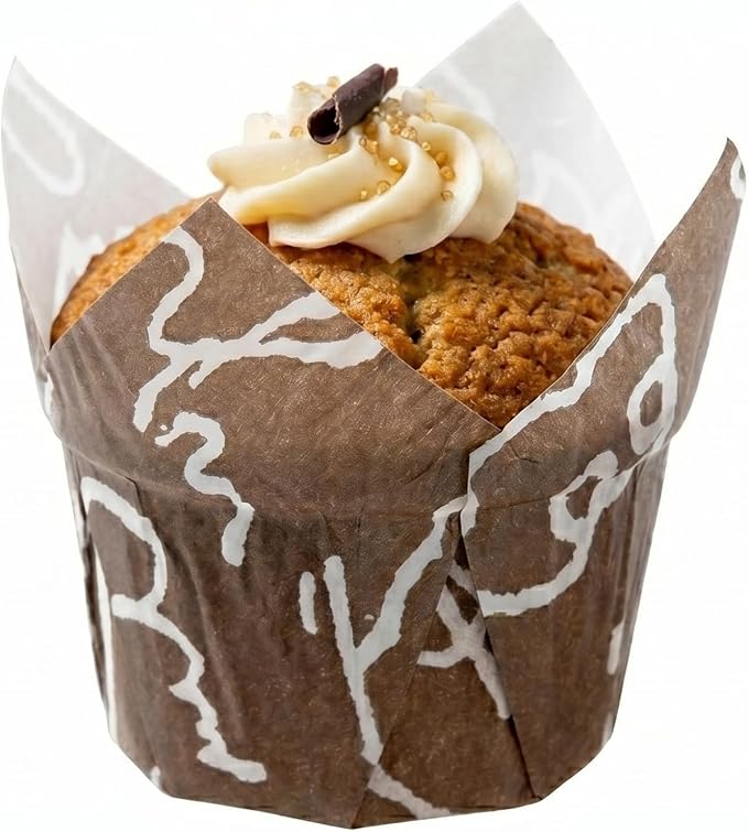 Restaurantware-Premium 1.2-oz Baking Cups: Regular-Tulip Paper Baking Cups Perfect for Muffins, Cupcakes or Mini Snacks - Brown Chocolate Wisp Print Design - Disposable - 200-CT by Restaurantware