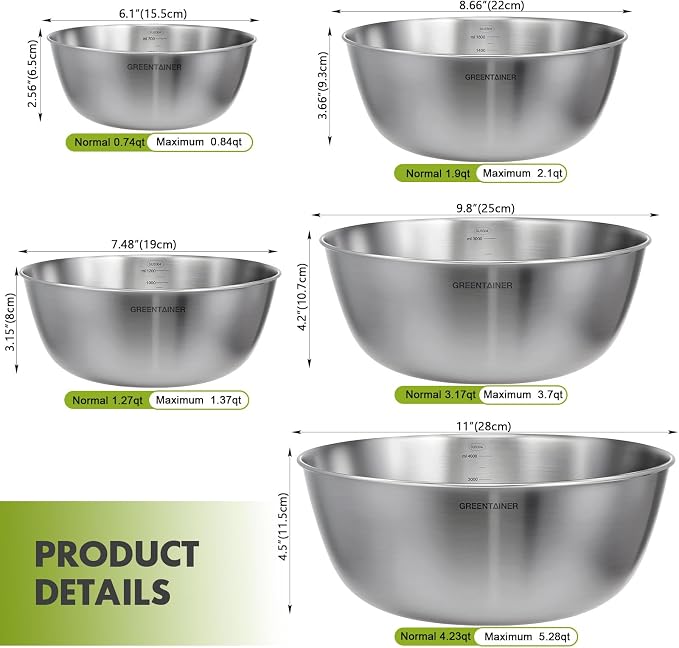 Greentainer Stainless Steel Mixing Bowls Set of 5 | 5.2 to 0.8 Qt Nesting Bowls with Measurement Markings | Dishwasher Safe | Metal Kitchen Bowls for Baking, Prepping, Cooking and Serving Food - Image 2