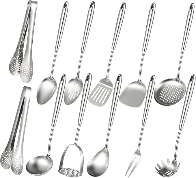 12 Pcs Stainless Steel Cooking Utensil Set - Wok Spatula, Soup Ladle, Slotted Spoon, Pasta Server, Rice Spoon, Frying Spatula Turner, Tongs 9 inch & 12 inch for Cooking, Baking, Serving by Unknown