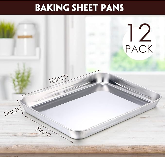 12 Pcs Metal Trays Stainless Steel Sheet Pan Baking Trays, 10 X 8 X 1 Inch | Nonstick Cookie Sheet for Toaster Oven, Quarter Baking Pans, Food Serving Metal Trays, Dishwasher Safe Stainless Steel - Image 2