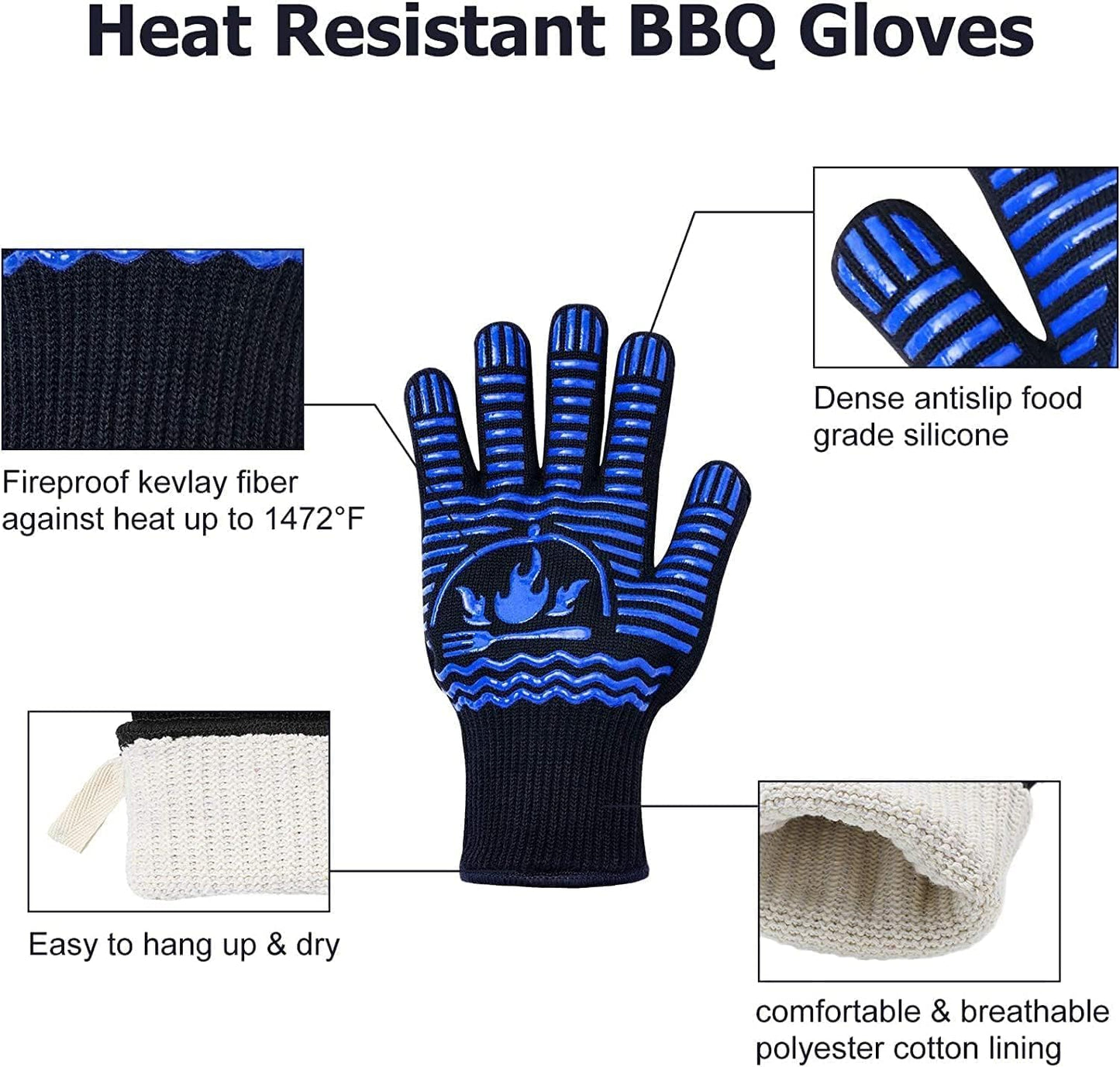 BBQ Gloves, 1472°F Extreme Heat Resistant Grill Gloves, Non-Slip Food Grade Silicone Oven Mitts for Kitchen, Cooking, Barbecue, Baking, Smoker (11inch)