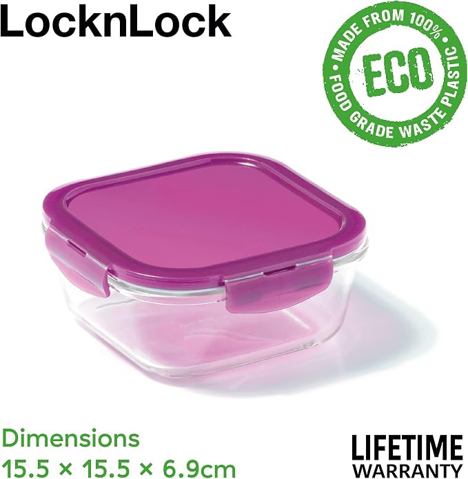 LocknLock Eco Ovenglass Glass Food Containers with Lids Set of 3 - Airtight, Leakproof Square Food Storage Containers with Recycled Plastic Lids, Oven Safe, Dishwasher Safe, 3 x 750ml, Assorted Colors - Image 2