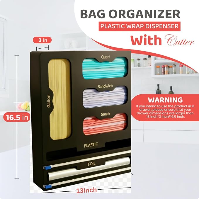 Storage Bag organizer, 6 in 1 Foil and Plastic Wrap Dispenser with Cutter, Bamboo Kitchen Drawer Organizer Food Bag Organizer for Gallon, Quart, Sandwich, Snack Bags (Black) - Image 2