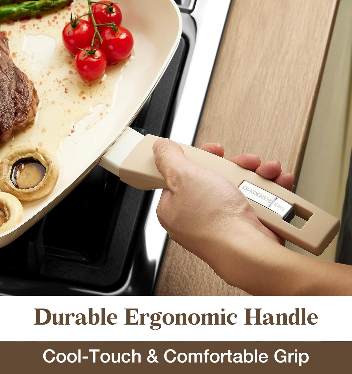 KOCH SYSTEME CS Nonstick Grill Pan for Stove Tops, 11 Inch Square Frying Pan with Lid, Ultimate Ceramic Coating Grill Skillet with Bakelite Handle, Induction Griddle Pan, PFOA Free, Cream White