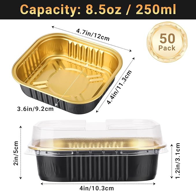 Beasea Aluminum Ramekins With Lids, 50 Pack 8.5oz 250ml Disposable Mini Small Square 4 Inch Foil Aluminum Baking Cups Oven Baking Mini Brownie Cupcake Pan Tins for Party - Black Gold - Image 2