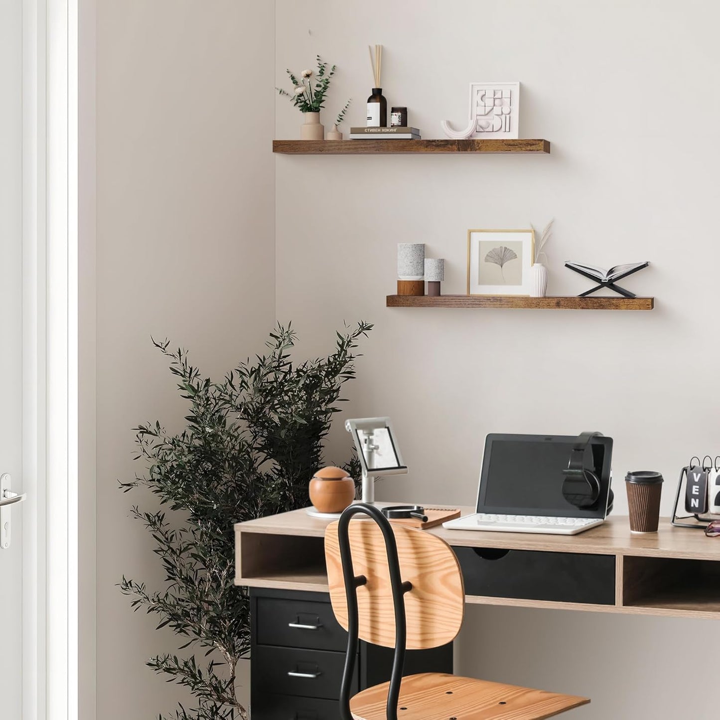 Colima Floating Shelves for Bedroom, Bathroom & Living Room - 36 Inch Wall Mounted, Set of 2-1.3" Thick Brown Wood Floating Book Shelves