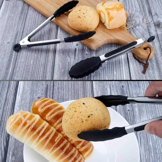 BANSHAN Kitchen Tongs Set of “9” Premium Stainless Steel Cooking Tongs Non Stick and Heat Resistant Handle, Silicone Tongs for Cooking Serving Frying and Cooking-Black (27cm) - Image 3