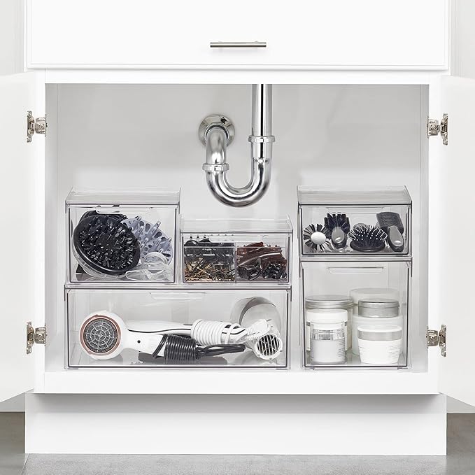 mDesign Plastic Stackable Bathroom Storage with Pull Out Bin Organizer Drawer for Cabinet, Vanity, Shelf, Cupboard, Cabinet, or Closet Organization - Lumiere Collection - Clear - Image 2