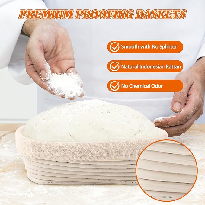6 Pack Oval Banneton Proofing Basket Set 10 Inch, Natural Rattan Sourdough Bread Baskets with Linen Liners, Dough Baking Bowls for Professional & Home Bakers (10" Oval -6 Pack) - Image 3