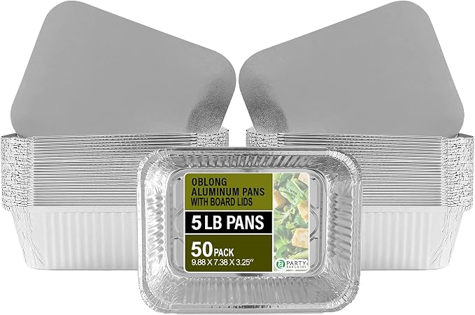 PARTY BARGAINS 5 Lb. Aluminum Foil Pans with Lids - 50 Count Set with Board Lids, 9 x 7 Inches Oblong Pan Food Container for Hot and Cold Use (Max 240°C) by PARTYBARGAINS