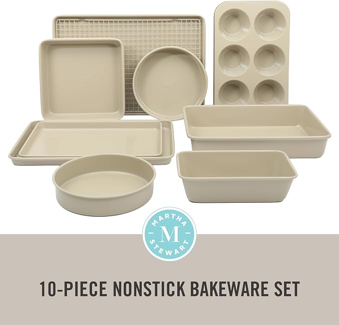 Martha Stewart Gallen 10 Piece Baking Pans Ceramic PFA Free Non Toxic Non Stick Bakeware Set - Taupe - Image 2