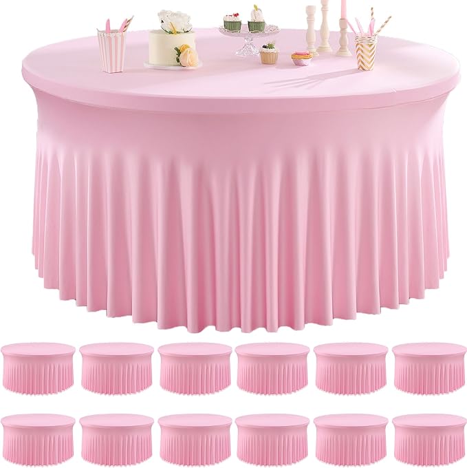 12 Pack Baby Pink Spandex Round Tablecloths for 60 inch Table, Wrinkle Free Stretchy 120inch Fitted 5FT Round Table Cloths Cover with Skirt for Wedding Party Dining Banquet Events by Htper