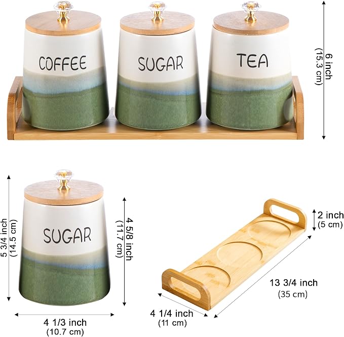 Kimdio Ceramic Canisters Set with Airtight Lids, 22 oz Coffee Canisters Sets for the Kitchen, Large Jars for Flour, Sugar, Pasta, Coffee, Cookies, Tea - Set of 3 - Green and White - Image 4