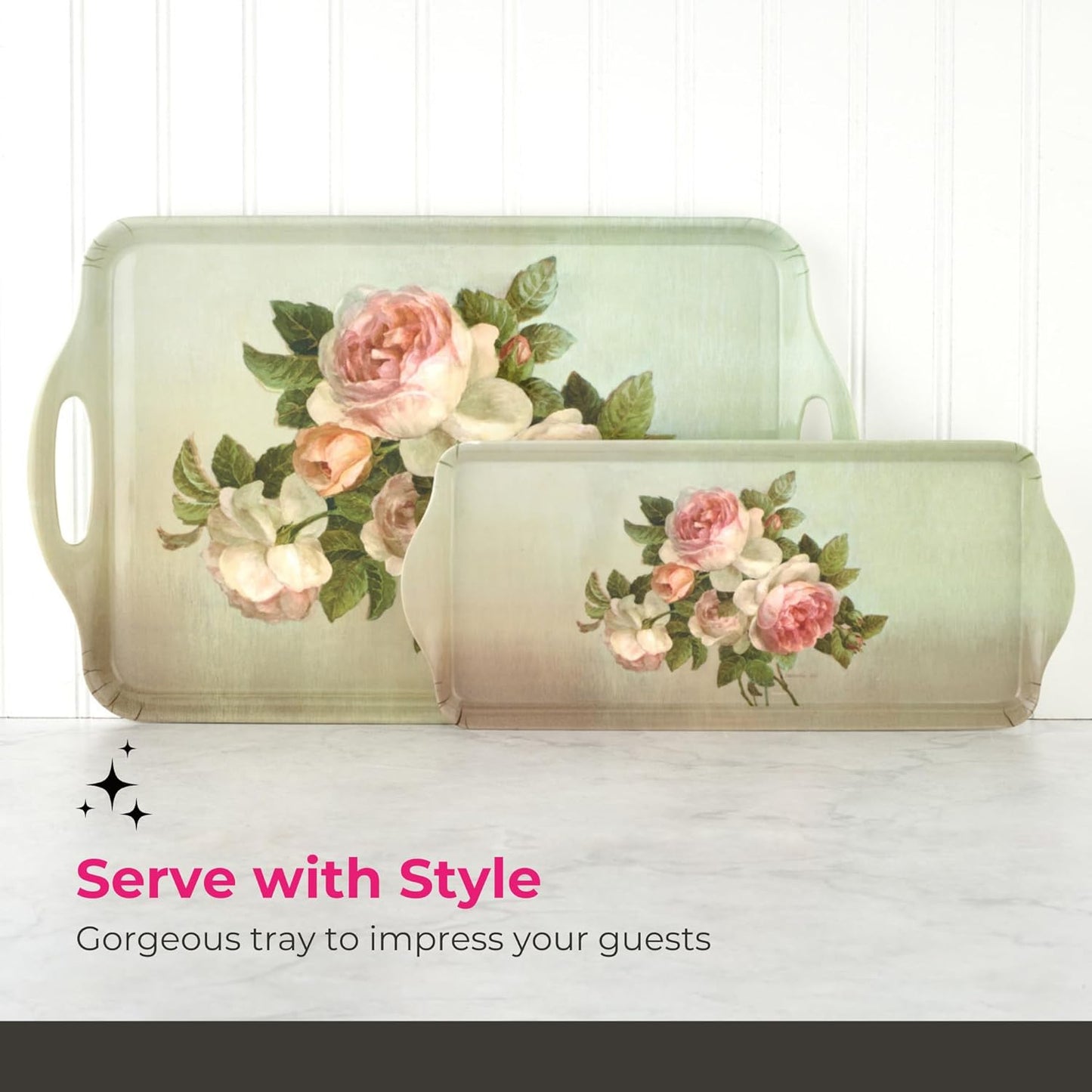 Pimpernel Antique Roses Large Handled Tray - Durable Melamine Serveware with Handles - Dishwasher-Safe Floral Decorative Centerpiece - 18.9" x 11.6" Elegant Tray for Entertaining Guests