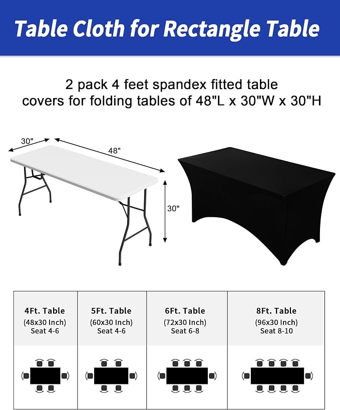 Fixwal 2 Pack 4FT Black Tablecloth Rectangle Spandex Fitted Table Cover - Image 3