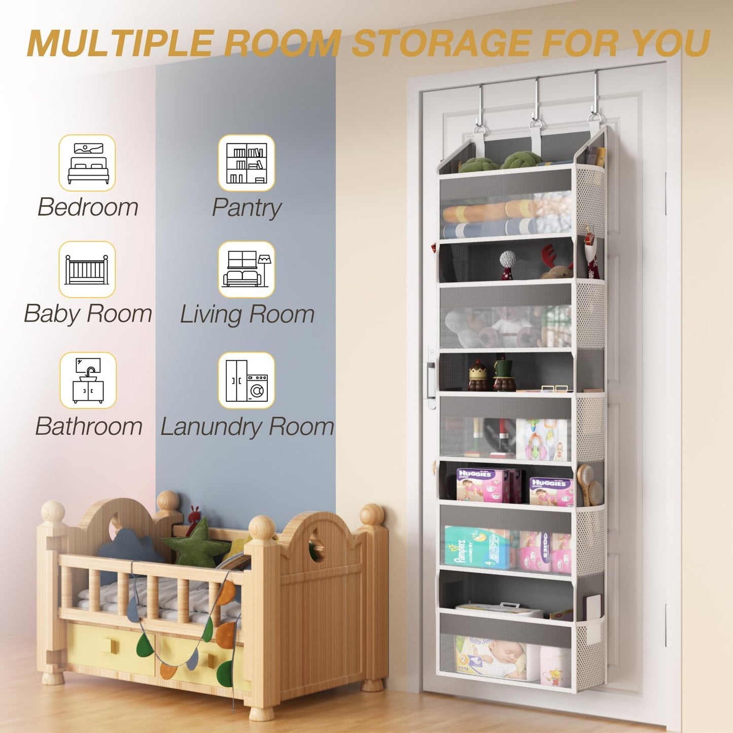 Over the Door Organizer with 5 Front & 10 Mesh Side Pockets, 50LB Capacity Extra Large Hanging Storage Organizer Multi-Room Space-Saving Design with 3 Sturdy Hook for Closet, Bathroom, Kitchen, Pantry