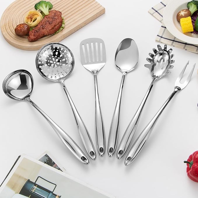 304 Stainless Steel Kitchen Utensils Set, 6 Pcs Long Metal Cooking Utensil with Spatula, Solid Spoon, Ladle, Skimmer, Spaghetti Spoon, Meat Fork, Dishwasher Safe - Image 3