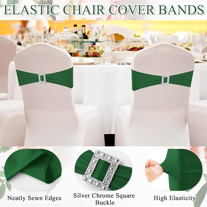 VitalCozy 100 Pcs Spandex Chair Sashes Wedding, Square Buckle, Green - Image 4