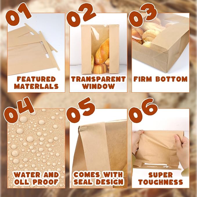 300 Packs Paper Bread Bags for Homemade Bread, Sourdough Bread Bags with Tin Strip, Bakery Packaging Bags with Clear Window for Cookies Bread (13.7x8.2x3.5 inch) - Image 3