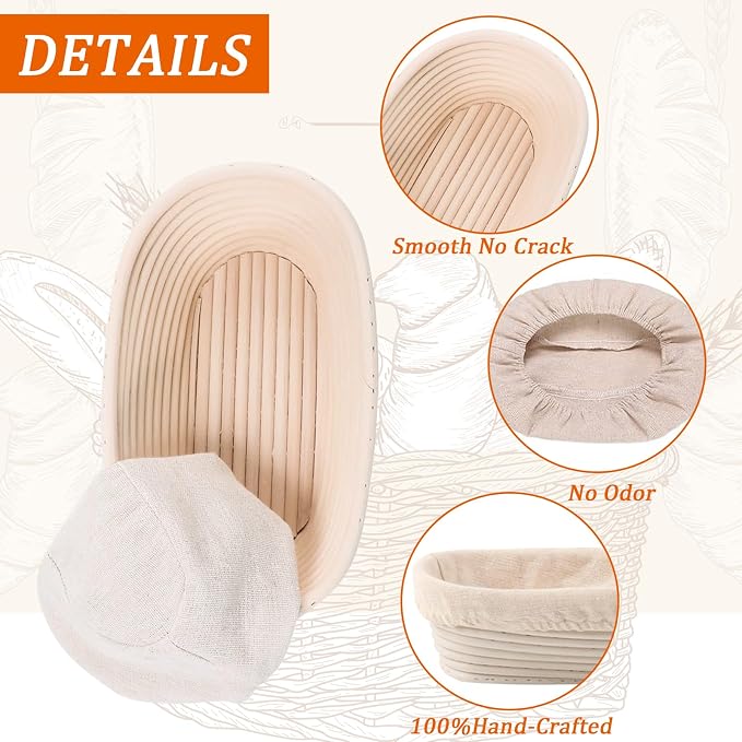 Nalcant 4 Pack Oval Banneton Proofing Basket Set 10 Inch, Natural Rattan Sourdough Bread Baskets with Linen Liners, Artisan Dough Rising Bowls for Home & Professional Bakers (10" Oval, Set of 4) - Image 5