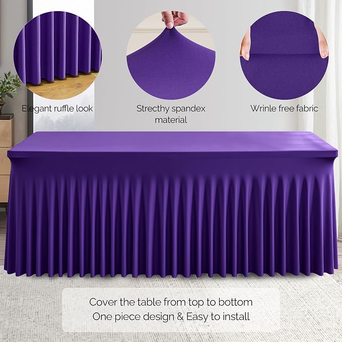 Wish Care 2 Pack Dark Purple Spandex Table Clothes for 4 Foot Rectangle Tables, 4FT Wrinkle Free Fitted Tablecloths Ruffles Design Table Cover for Party, Banquet, Wedding and Events - Image 2