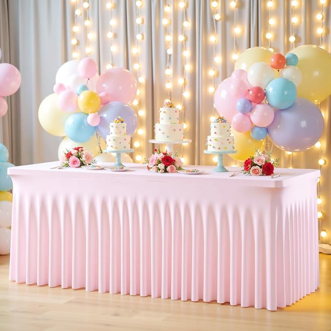 gogoparti 2 Pack Spandex Pink Fitted Table Cloth for 8ft Rectangle Tables Pink Stretch Tablecloth Table Covers Skirt Banquet Tablecloths Wrinkle Free Tablecloth for Parties Wedding - Image 8
