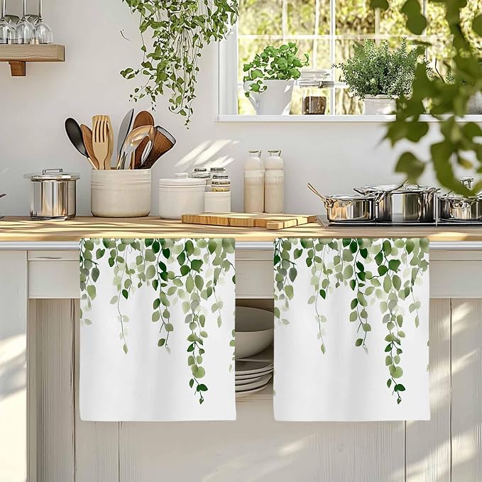 Sage Green Eucalyptus Kitchen Towels Set of 2, Absorbent Dish Towels for Kitchen, Spring Summer Botanical Plants Chic Microfiber Hand Towel, Quick Drying Tea Towel for Cleaning Decorative Dishcloths - Image 4
