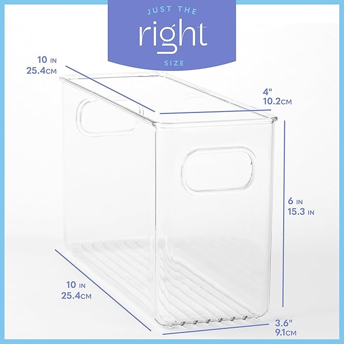 Plastic Food Storage 6 Pack Clear Container Bin with Handles for Organizing Kitchen, Pantry, Refrigerator, Freezer, Pantry, Cabinet, Closet, Bathroom. 10”x4”x6” - Image 3
