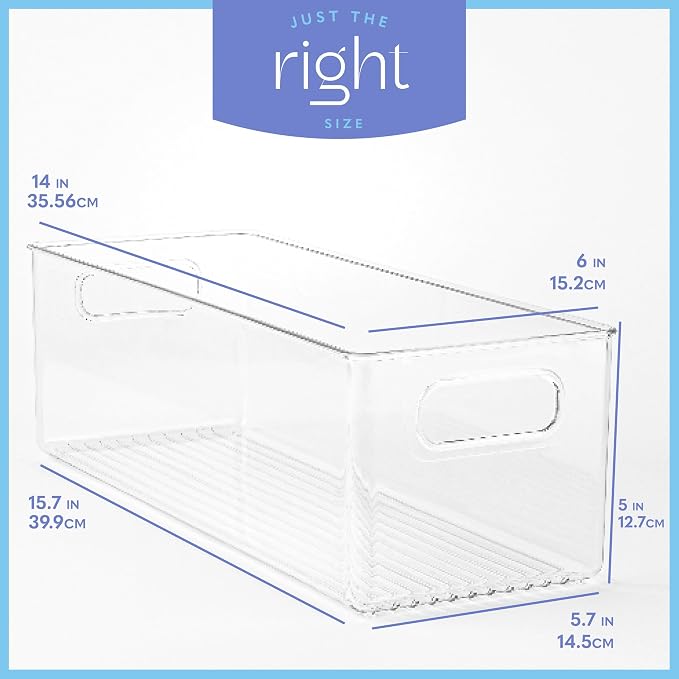 Plastic Food Storage 2 Pack Clear Container Bin with Handles for Organizing Kitchen, Pantry, Fridge, Freezer, Pantry, Bathroom. 14"x6"5" - Image 3