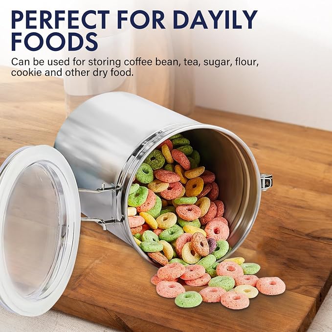 ENLOY 165oz Stainless Steel Airtight Canister for Kitchen with Clear Lid | Large Flour Coffee Bean Tea Cereal Sugar Cookie Metal Food Storage Canisters and Sturdy Locking Clamp, 7.7 x 7.7 x 8.4 Inches - Image 6