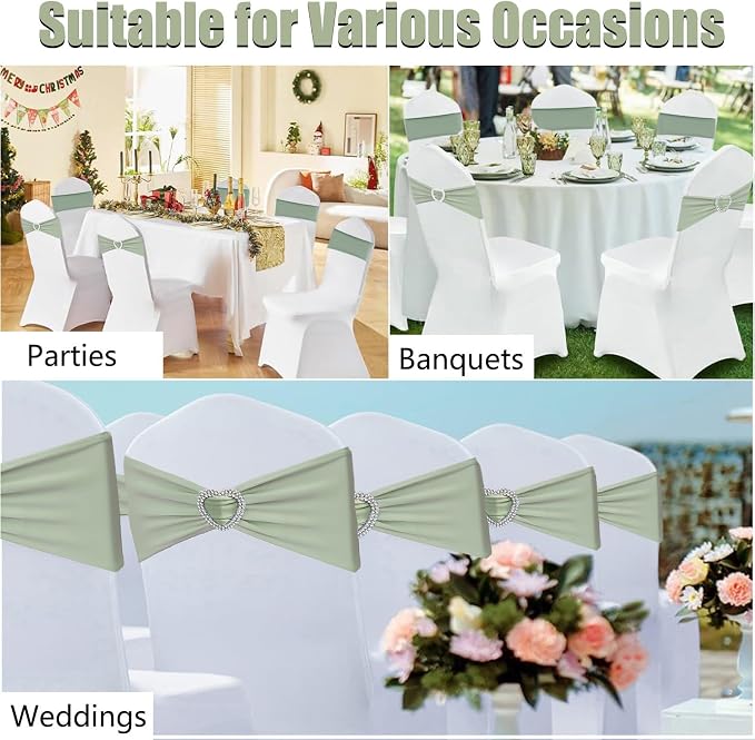 Sage Green Chair Sashes 100 Pack Spandex Sage Sashes for Chairs Covers Stretch Chair Sashes Band with Heart Buckle Slider for Wedding Banquet Party Decorations - Image 7